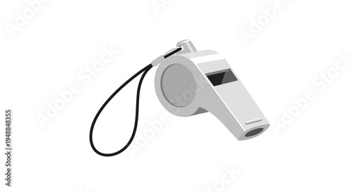 Silver Referee Whistle with Black Lanyard on White Background