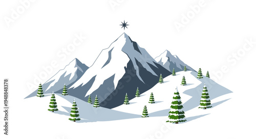 Snowy Mountain Peak with Star and Pine Trees