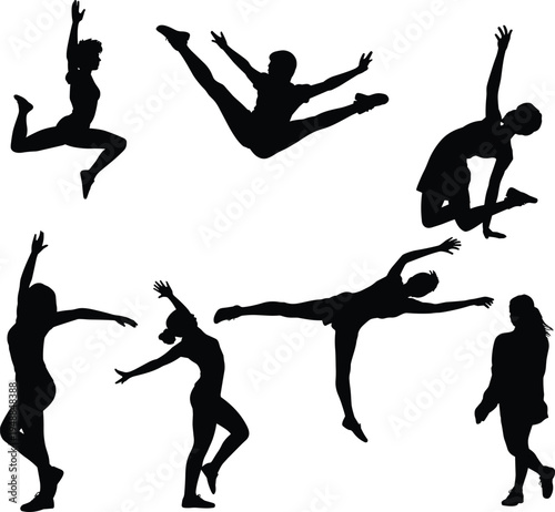 Dancer silhouette collection with energetic jumping and expressive dance poses isolated on white background, modern dance performers movement vector illustration set