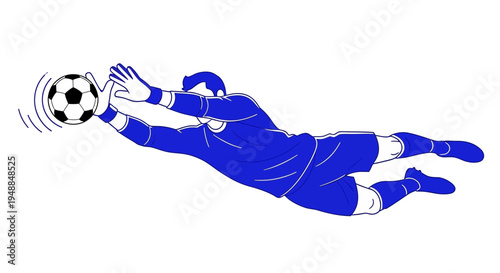 Soccer goalie diving to catch ball, blue illustration