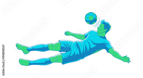 Soccer Player Heading Ball Mid-Air, Dynamic Action, Sports Illustration