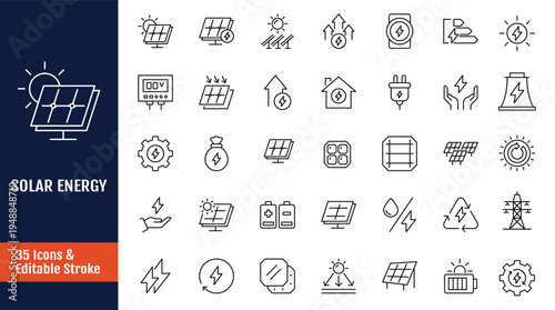 Solar Energy icons set. Includes solar panels, sun, generator, energy, and more. Outline icon with Editable stroke. Vector illustration