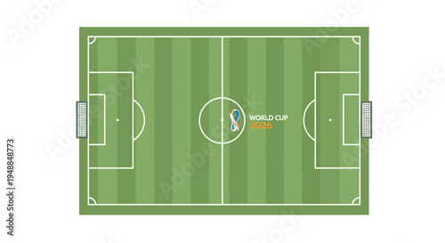 Top View Soccer Field with World Cup Logo and Goal