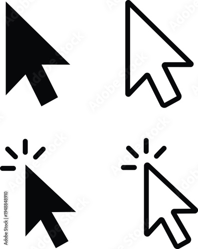 Collection of four different cursor pointers including filled solid black and outline arrow shapes isolated on transparent background