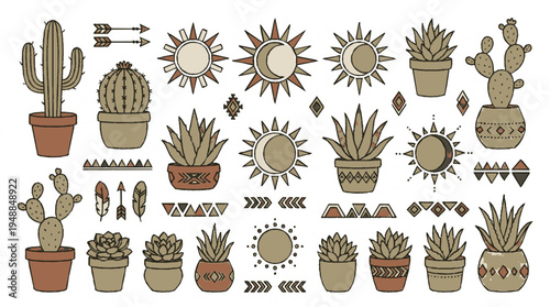 Boho vector set of potted cacti succulents and terracotta pots with sun symbols and tribal patterns on white background
