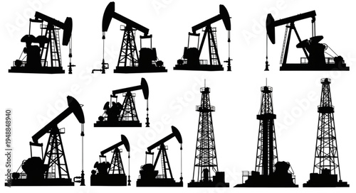 Silhouetted Oil Rigs and Derricks - A Visual Exploration of Energy Production.