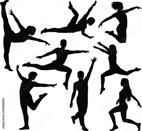 Jumping dancer silhouette collection with dynamic dance and acrobatic leap poses isolated on white background, energetic performers movement vector illustration set