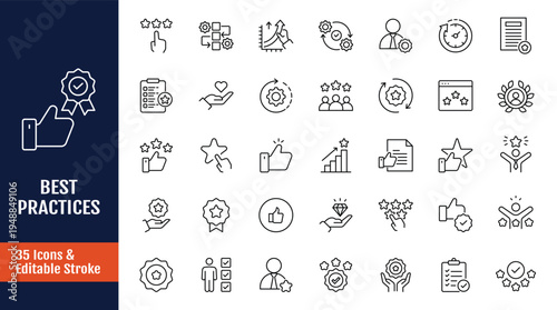 Best practices icon set. Includes workflow, guidelines, performance, standards, protocols, procedures, methodology, and more. Outline icon with Editable stroke. Vector illustration