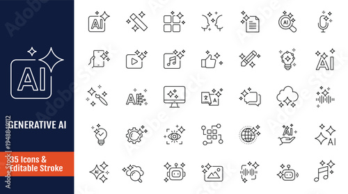 Generative AI icon set. Includes creative artificial intelligence, text, images, videos, search and data by AI, and more. Outline icon with Editable stroke. Vector illustration