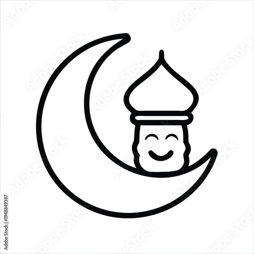 A smiling crescent moon with a mosque on top
