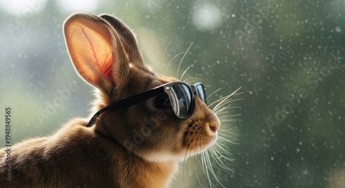 Charming brown rabbit with dark sunglasses looking curiously into the distance outdoors