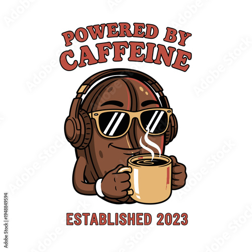 Cool Coffee Bean Mascot Character with Sunglasses and Headphones
