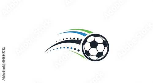 Soccer ball in motion with abstract streaks and dots.