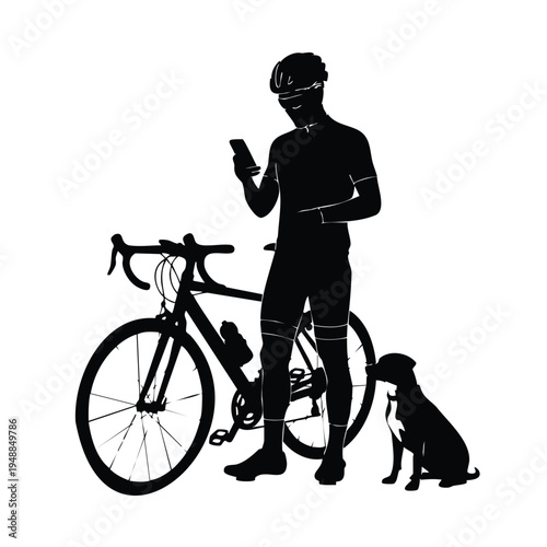 Cyclist silhouette with bike and dog checking phone white background