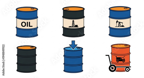 Illustrations of Oil Barrels with Various Symbols and Colors.