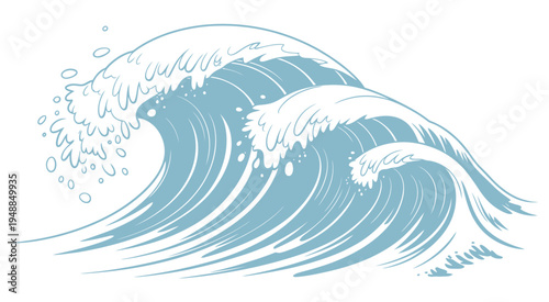 Surf waves illustration, big water tide in blue ink style, ocean, sea, wave motion, surfing, marine nature, water splashes, coastal design, and artistic vector graphics for creative projects.