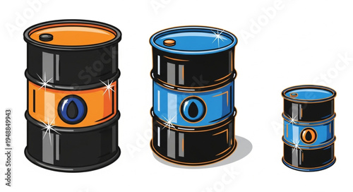 Illustrations of Oil Barrels in Varying Sizes and Colors.