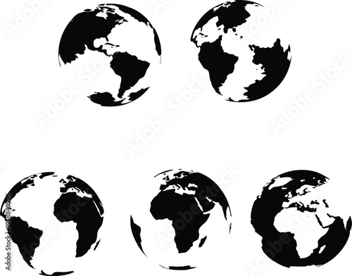 Stylized black and white globes depicting continents and oceans