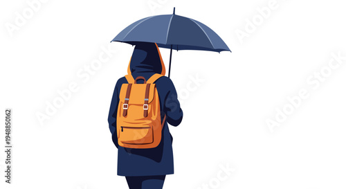 Back view of traveler wearing raincoat and yellow backpack holding dark blue umbrella while walking through rain on white background.