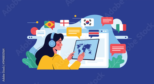 Woman wearing headphones interacting with digital world map on screen surrounded by international flags and communication icons.