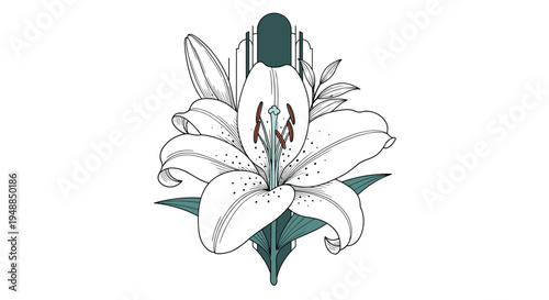 Elegant white lily blossom with green leaves set against symmetrical art deco inspired geometric background in refined vintage style.