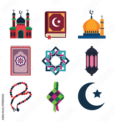 Vectors of islamic symbols including mosques, quran, and prayer items