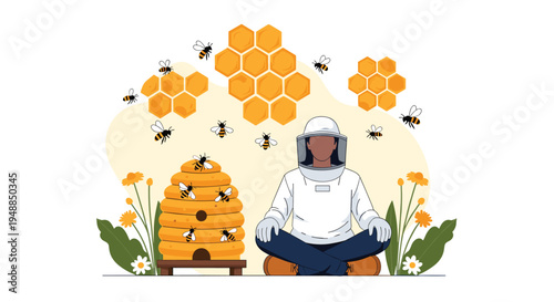 Beekeeper in protective suit meditating peacefully in field surrounded by active honeybees beehives and honeycomb geometric patterns.