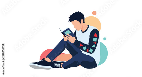 Student sitting on ground and focusing on reading book with colorful abstract circles in background representing learning and study.
