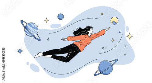 Imaginative illustration of young woman floating gracefully in deep space among planets stars and celestial bodies in dreamlike style.