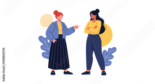 Two young women engaged in serious argument or disagreement with expressive hand gestures and frustrated body language in flat style.