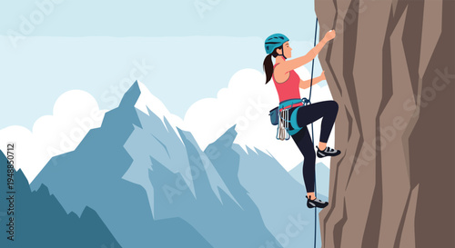 Brave female athlete rock climbing up steep mountain cliff with safety ropes against scenic background of snow capped alpine peaks.