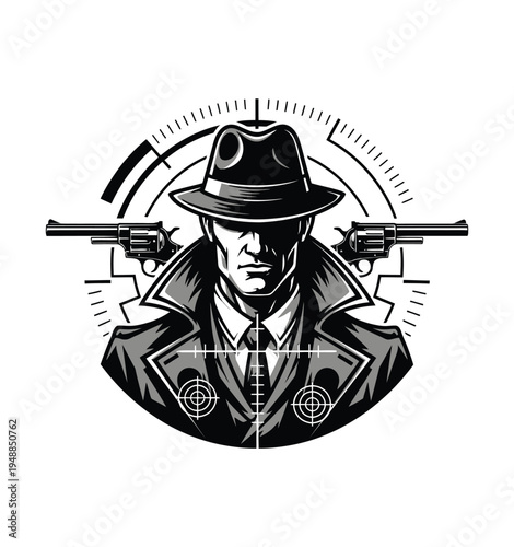 Vector of a man in a trench coat and fedora hat holding two guns with a target scope.