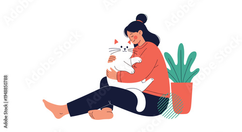 Young woman sitting on floor comfortably while hugging her large fluffy white pet cat in cozy domestic scene with indoor plant nearby.