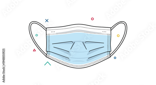 Protective blue medical surgical face mask surrounded by colorful minimalist geometric symbols representing health safety and hygiene.