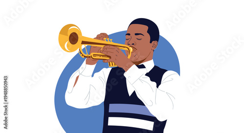 Musician playing golden trumpet with passion against vibrant blue circular background for jazz music and live performance concepts.