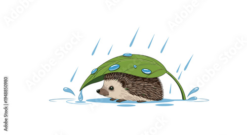 Tiny hedgehog seeking shelter from raindrops under large green leaf during autumn rain shower in cute and whimsical nature illustration.