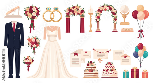 Comprehensive set of wedding day icons including dress suit rings cake flowers and gifts in elegant cream and burgundy color palette.