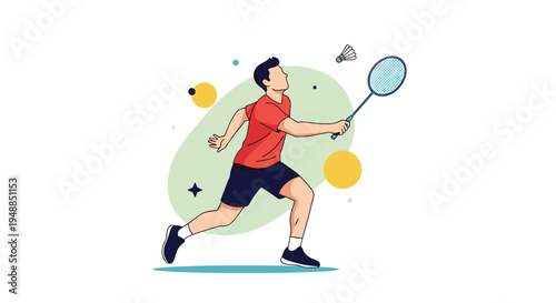 Male badminton player in red shirt and blue shorts performing powerful overhead smash on court with abstract green background shapes.