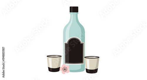 Traditional sake bottle with two small ceramic cups and pink cherry blossom flower for japanese culture and beverage related themes.