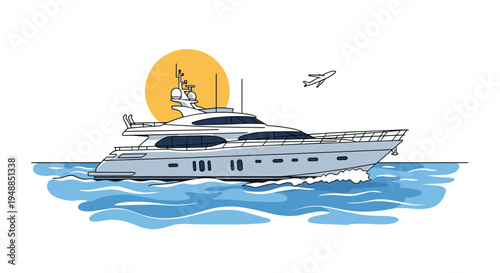 Elegant luxury motor yacht cruising across the blue sea during a beautiful sunset with a small airplane flying high in the sky.