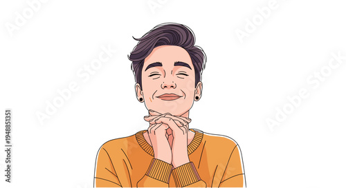 Young man with closed eyes and hands clasped in prayer or gratitude smiling peacefully with a look of pure joy and contentment.