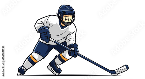 Ice hockey player in full protective gear skating fast across the rink while holding a stick ready for a competitive match play.