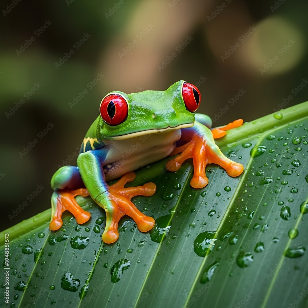 Fototapeta premium Red Eyed Tree Frog on Wet Leaf.