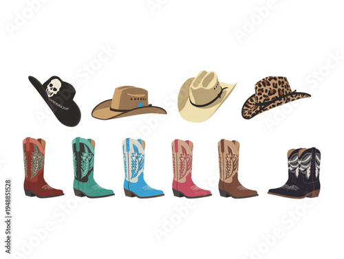 Western cowboy boots and hats collection with skull, leopard print, and classic ranch styles vector