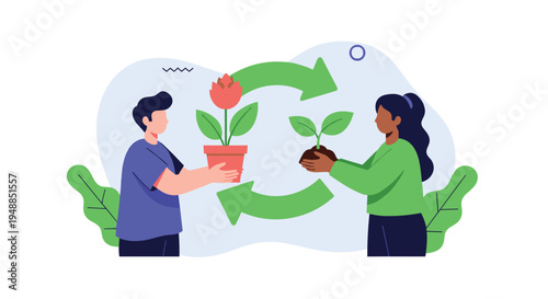 Man and woman exchanging a potted flower and a sapling representing the concept of growth, trade, and environmental care.