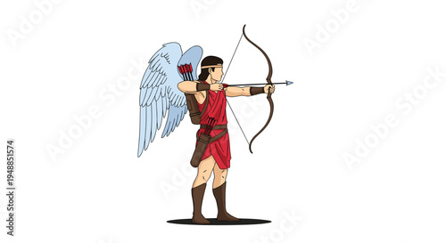 Winged male archer dressed in ancient robes aiming a bow and arrow in a powerful stance representing mythological themes.