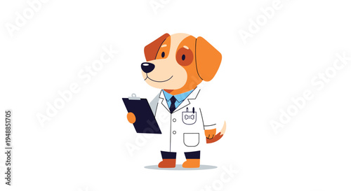 Cute brown and white dog dressed in a medical lab coat and tie holding a clipboard as a professional veterinarian mascot.