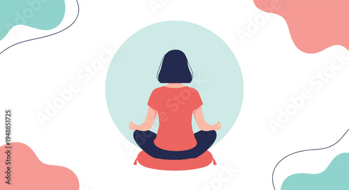 Woman seen from behind sitting in a lotus meditation pose on a cushion for relaxation and mental wellness in a serene space.