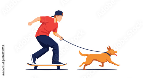 Active young man riding a skateboard while walking his energetic brown dog on a leash across a white background space.
