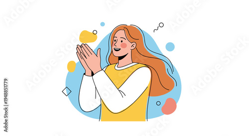 Cheerful young woman with long orange hair clapping her hands in celebration or applause against an abstract background.